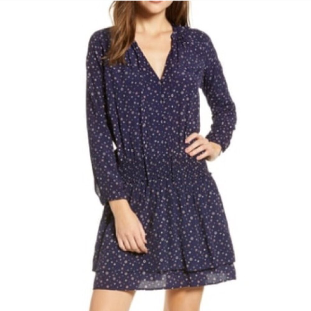 Rails Jasmine Navy Nova Star Print Smocked Long Sleeve Mini Dress L
